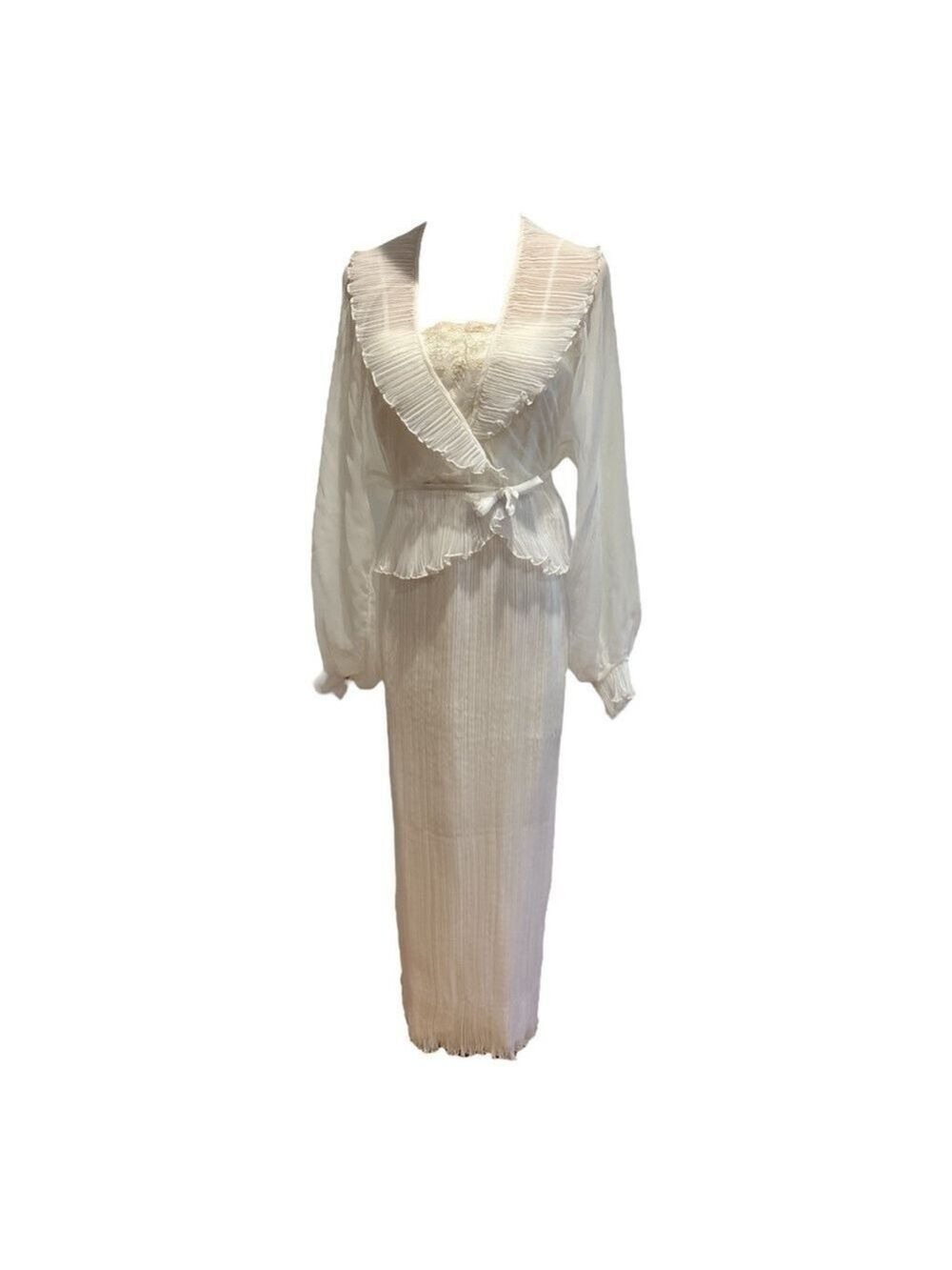 60s 2PC MAXI ETHEREAL WHITE DRESS W LACE BODICE MICRO PLEAT SKIRT & JACKET - Picture 5 of 17